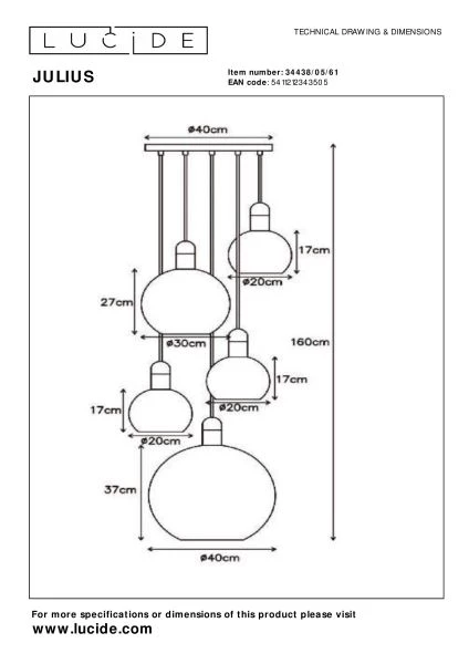 Lucide JULIUS - Pendelleuchten - 5xE27 - Opal - technisch